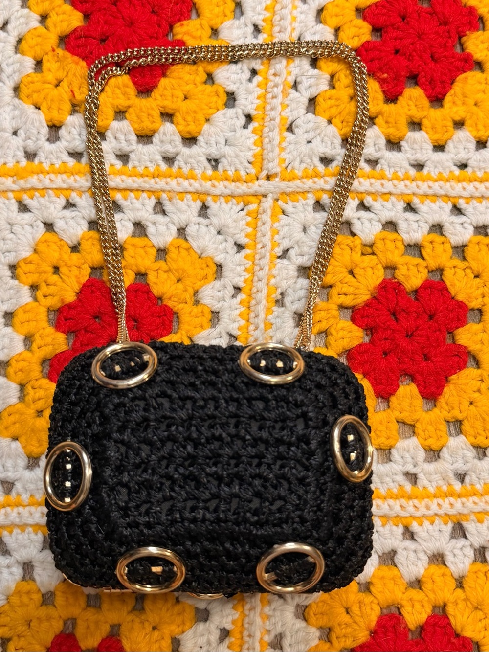 Art Deco Black Crochet Chain Shoulder Bag with Gold Accents